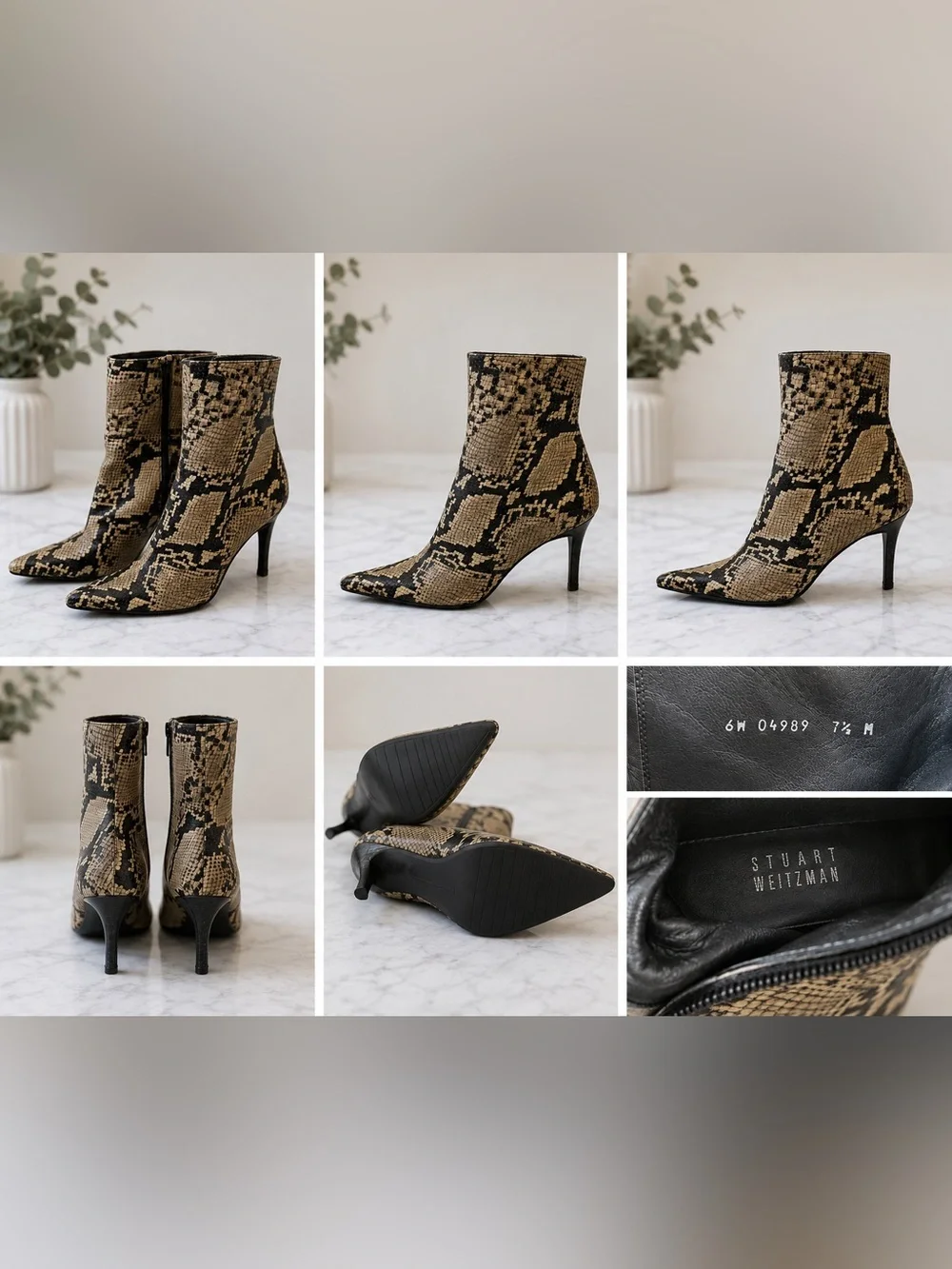 Stuart Weitzman Snake Print Leather Ankle Booties Pointed Toe Heels Women’s 7.5